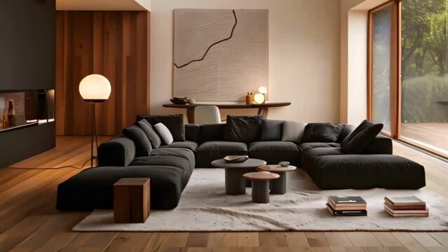 video living room with black sofa on wooden floor