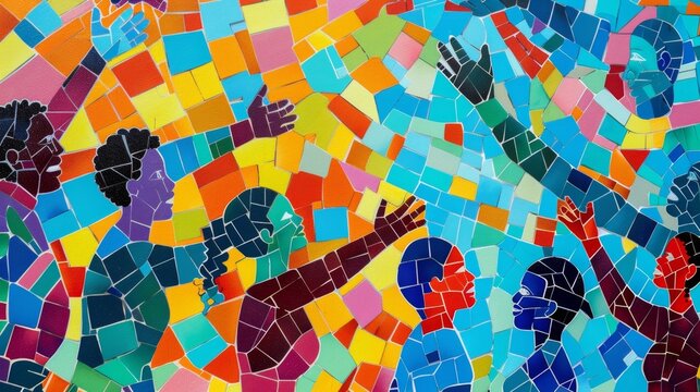 Closeup of a vibrant mural depicting people of different races genders and abilities joining hands and creating a colorful mosaic of change and progress. .