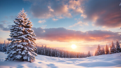 A snow-covered pine tree stands in a snowy field at sunset