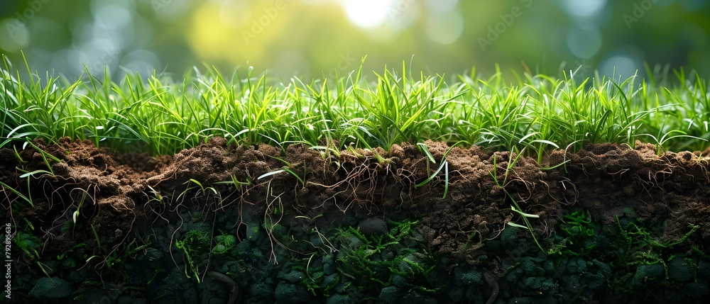 Poster layers of soil and roots visible in cross-section of green grass turf. concept soil layers, root sys