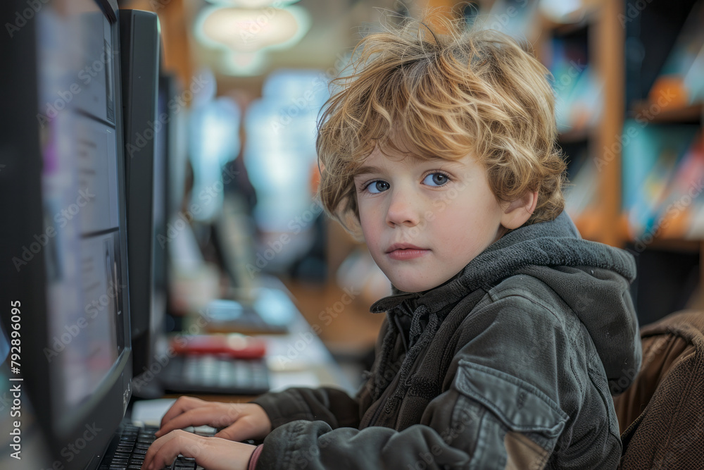 Poster A photograph of a child using a library computer to look up information for a homework assignment, t