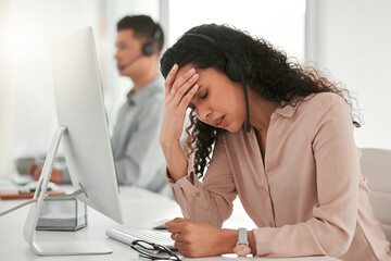 Stress, headache and woman telemarketing consultant with computer in office with burnout for crm....