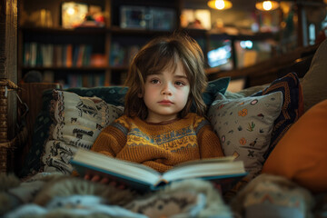 An image of a cozy reading nook in a corner of the library, with a child deeply engrossed in a book - obrazy, fototapety, plakaty