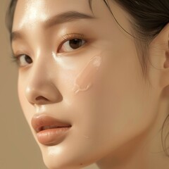 A closeup of an Asian woman's face with cream on her cheek, featuring soft lighting and a beige background.