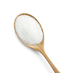 Spoon with sugar isolated on white, top view