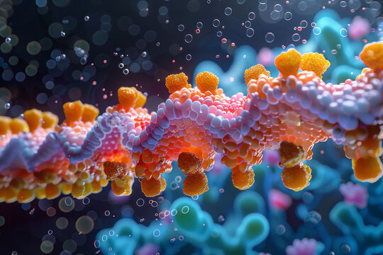 An image of a lipid bilayer forming the cell membrane, with detailed views of hydrophilic heads and