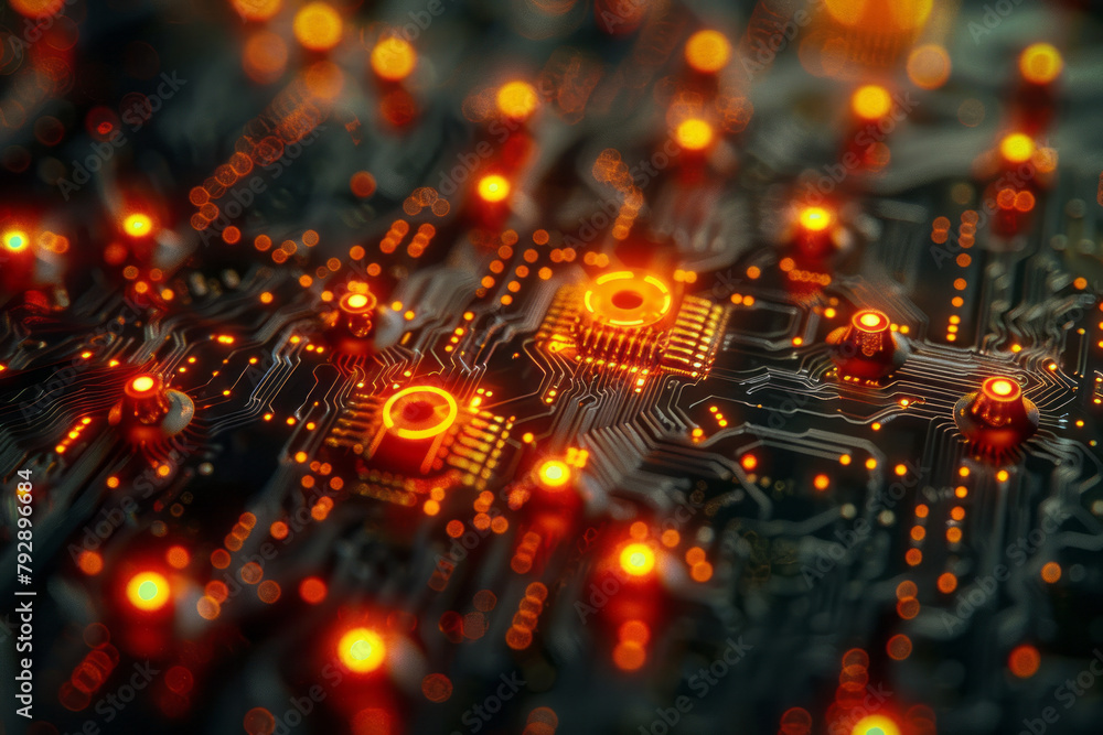 Poster a scene showing the detailed arrangement of atoms in a semiconductor, used in electronics for contro