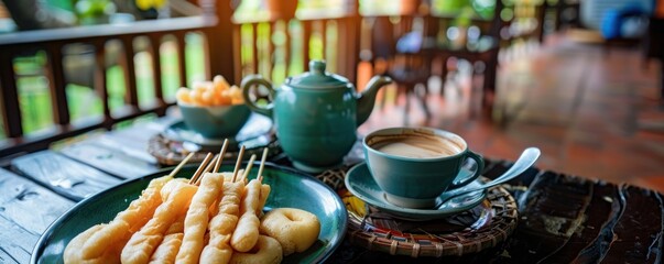 A traditional Thai breakfast set with Patongo (fried dough sticks) dipped in condensed milk and hot coffee on the side - obrazy, fototapety, plakaty