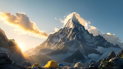 highaltitude mountain camp at sunset, climbers resting, breathtaking views, adventure style, serene and aweinspiring, mountain peak - obrazy, fototapety, plakaty