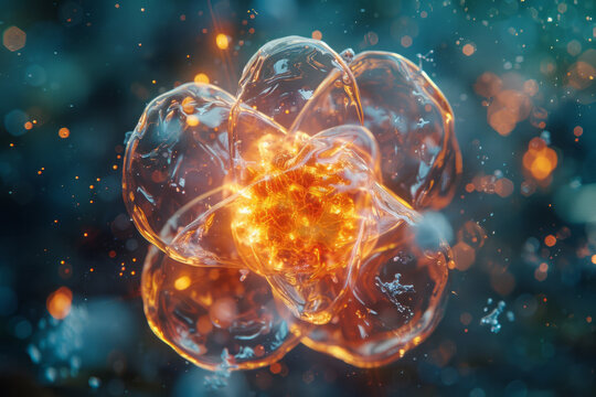 A photograph of a radioactive atom undergoing decay, emitting particles and changing into a differen