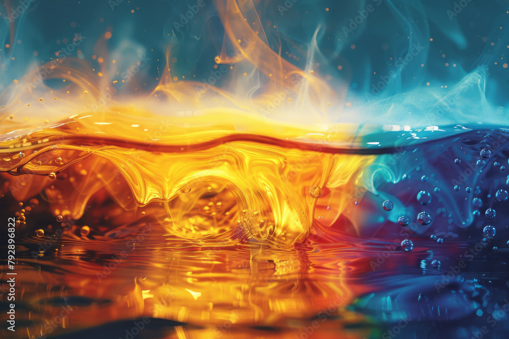 Poster a scene depicting the oscillating colors of the reaction, where the solution cy