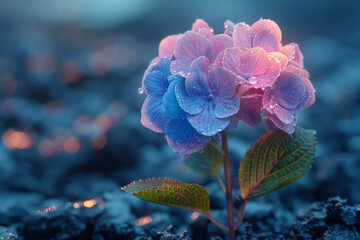 A scene showing the color change of a hydrangea flower from pink to blue as aluminum sulfate is adde