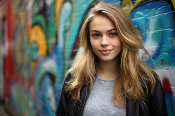 Naklejka premium Charming blonde woman with blue eyes stands before a colorful graffiti backdrop, sporting a casual tee and stylish black jacket, embodying urban fashion.