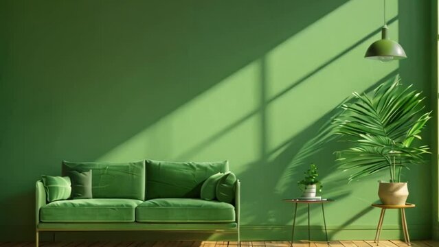 video green sofa with table against green wall