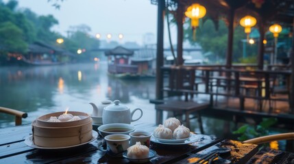 A peaceful early morning setting of a Thai riverside cafe serving dim sum and green tea - obrazy, fototapety, plakaty