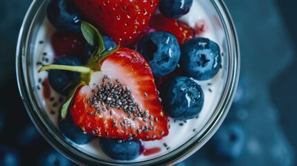 A close-up of fresh blueberries and strawberries mixed with Greek yogurt in a glass jar topped with a sprinkle of chia seeds - obrazy, fototapety, plakaty