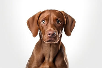 A charming brown dog with earnest eyes and floppy ears against a soft white background portrays innocence and attentiveness.