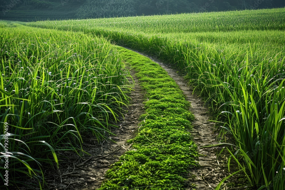 Poster a path through a field of grass. the field is large and open