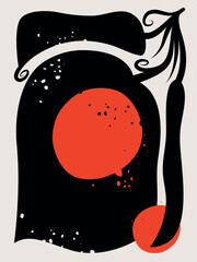 Big Flower Graphic in Black and Red, Floral illustration, artwork, in two colors, vintage, retro, scandinavian design, leaves, flowers