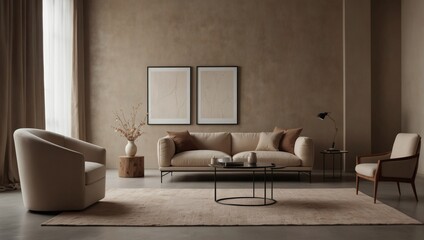Contemporary minimalist interior in beige hues, featuring an armchair, blank wall, coffee table, and decor elements.