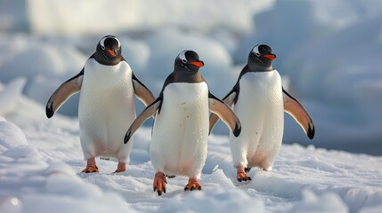 Three adorable Gentoo penguins form a charming row as they stroll along the snowy penguin highway in Antarctica.
