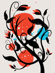 Big Flower Graphic in Black, Red and Blue, Floral illustration, artwork, vintage, retro, scandinavian design, leaves, flowers