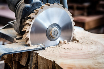 Silver circular saw cuts a wooden block in a carpenter workshop.