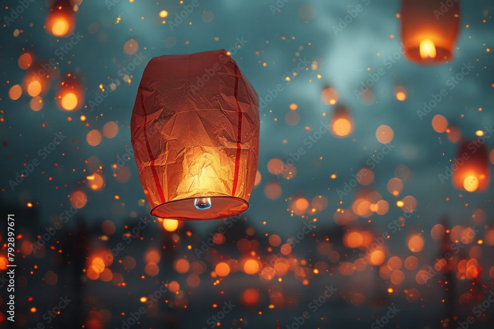 Poster An image of a festive lantern release, where the heat from the flame causes the lanterns to glow and