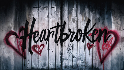 Rough grunge textured urban concrete wall with spray painted word 'heartbroken' and heart symbols on it's surface, thought provoking concept with copy space for extra text and phrases.