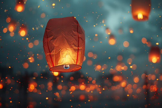An image of a festive lantern release, where the heat from the flame causes the lanterns to glow and