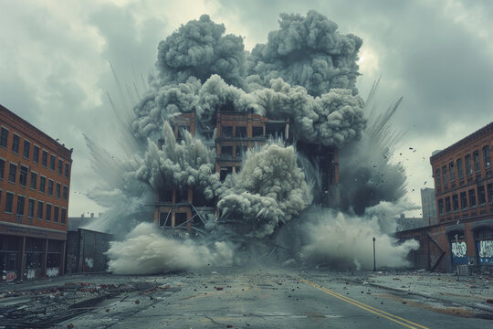 A scene showing the explosive demolition of a building, where carefully placed charges release a rap
