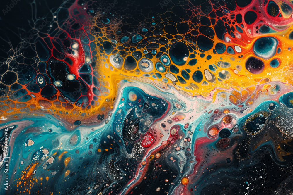 Poster a photograph of a painting that uses vibrant colors and explosive patterns to depict the energy rele
