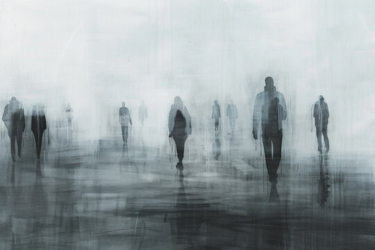 An abstract composition featuring solitary figures silhouetted against a vast expanse of empty space, with muted tones of gray and black conveying feelings of loneliness and solitude. 