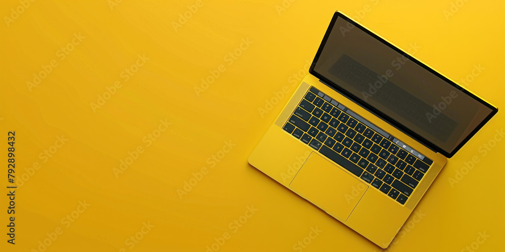 Poster modern laptop on vibrant yellow background with ample copy space for text and design elements – top 