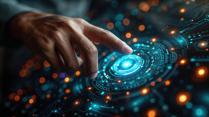 A hand is pointing at a glowing blue circle on a screen