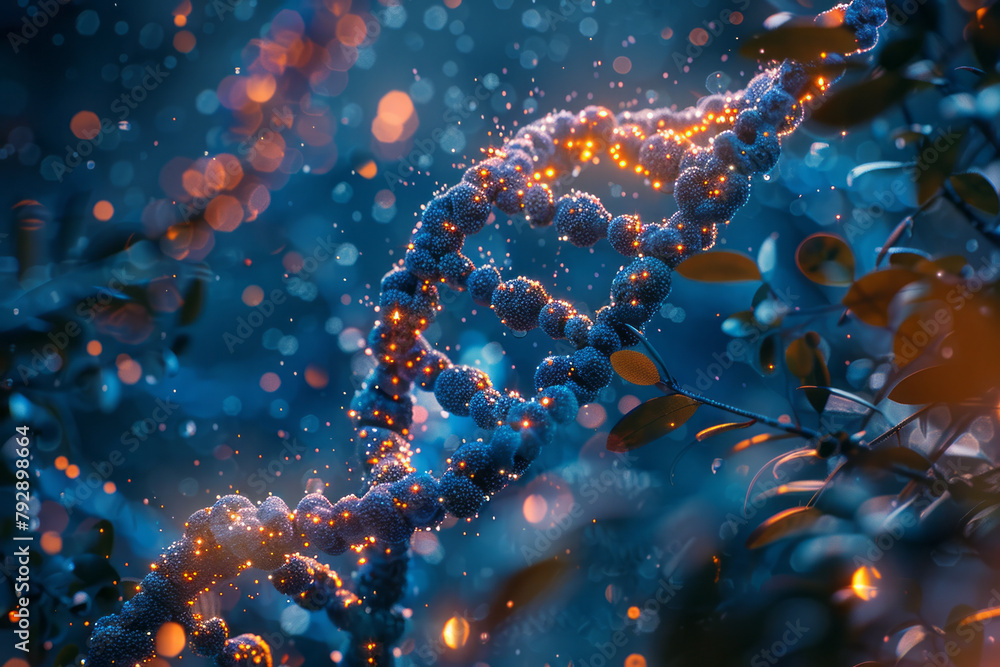 Poster a scene showing the intricate movements of dna polymerase as it travels along a dna strand, adding n