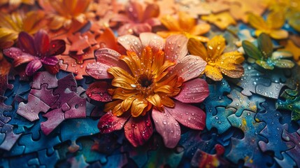 Colorful puzzle pieces in various colors, symbolizing the diversity of arts and craft activities for self-directed learning or life skills development