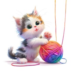 Adorable D Cartoon Icon Style Calico Kitten Playfully Engaging with a Vibrant Rainbow Yarn Ball