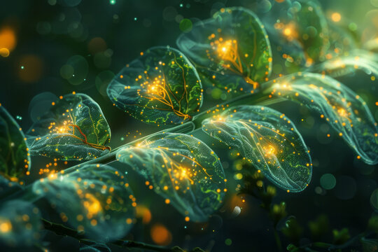A dynamic scene illustrating the detailed process of photosynthesis within plant cells, focusing on