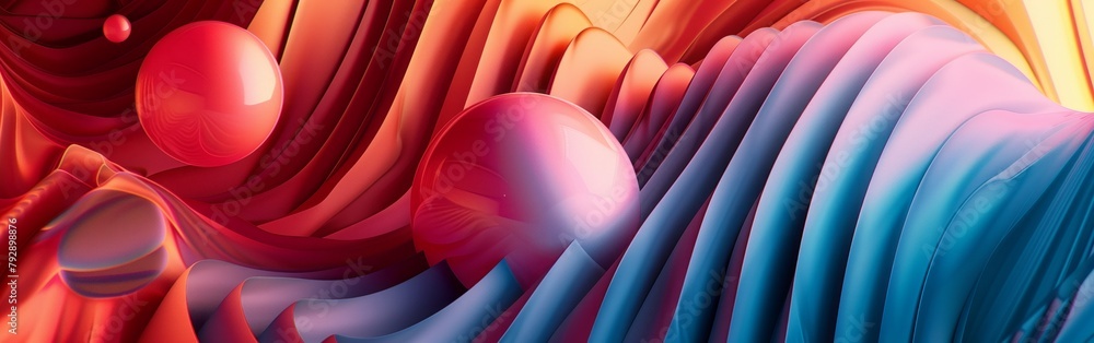 Poster abstract background with 3d shapes and fluid lines in bright colors, includes smooth curves, rounded