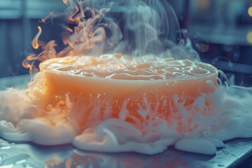 A photograph of paraffin wax solidifying in a mold, cooling from a clear liquid to a translucent sol