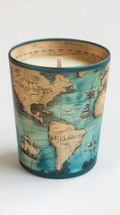 Decorative map-themed candle unlit with a vintage world map design