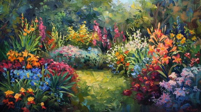 An oil painting of a garden unfolds in vibrant layers  where every flower adds its hue to a stunning color symphony