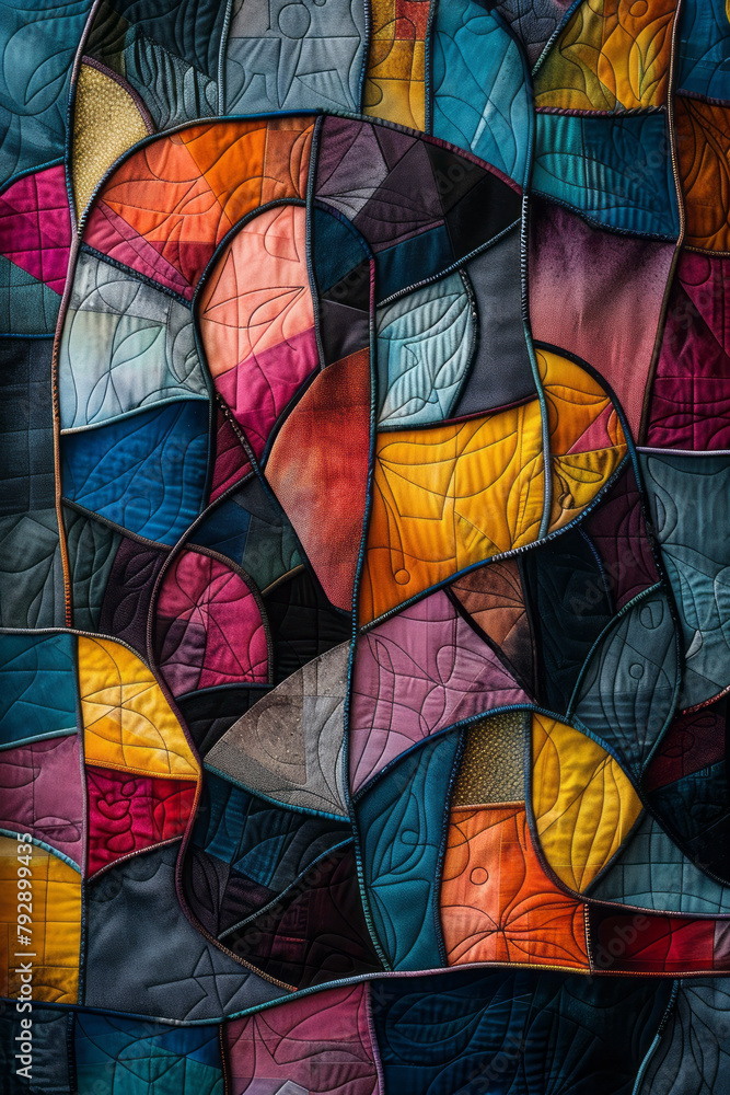Poster an image of a quilt with complex geometric patterns, each patch a different color and shape, meticul