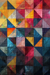 An image of a quilt with complex geometric patterns, each patch a different color and shape, meticul