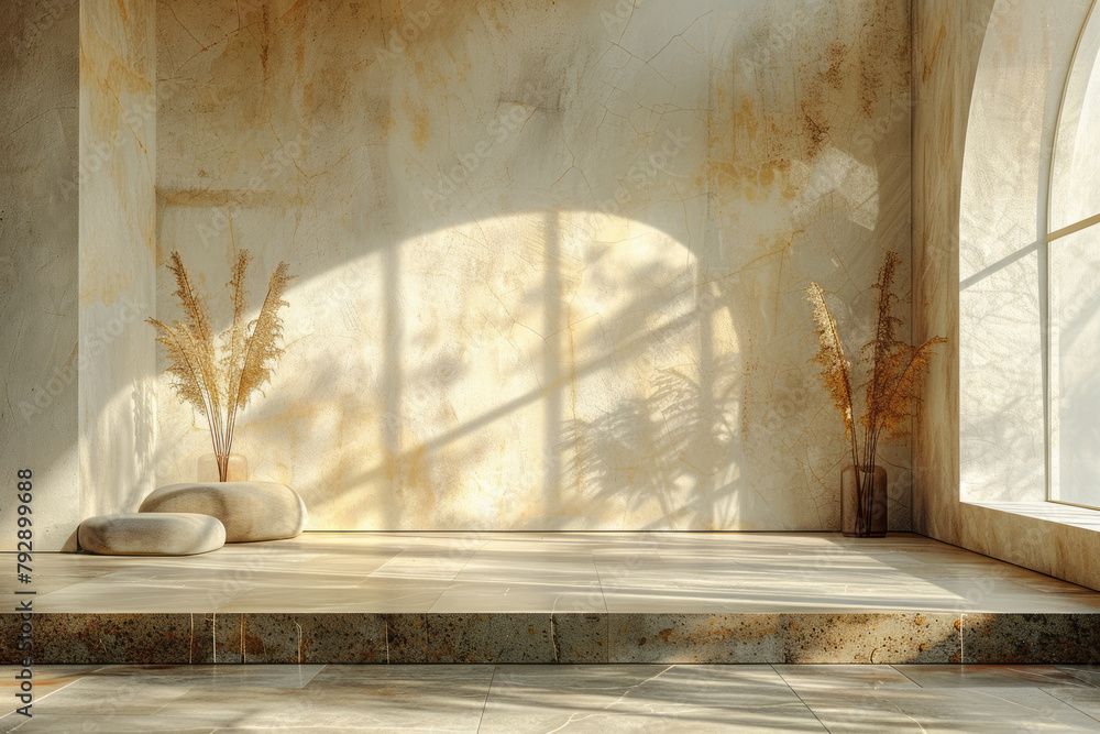 Poster an image depicting a serene bedroom with a minimalist geometric mural, featuring thin, intersecting