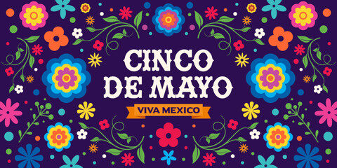 Cinco de Mayo, May 5, federal holiday in Mexico, 
Fiesta, logo, template for background, banner, flyer, 
decorations, card, poster, flags, floral, 
decorative folk art elements, festive vector design - obrazy, fototapety, plakaty