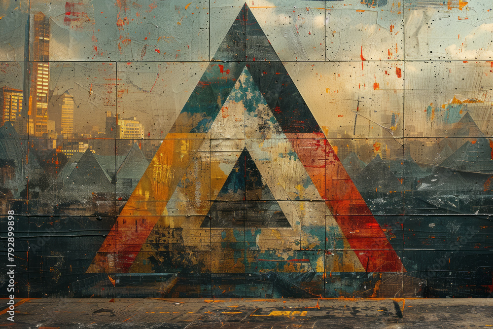Poster An image of a collage featuring cut-out photographs of urban architecture arranged to form a giant,