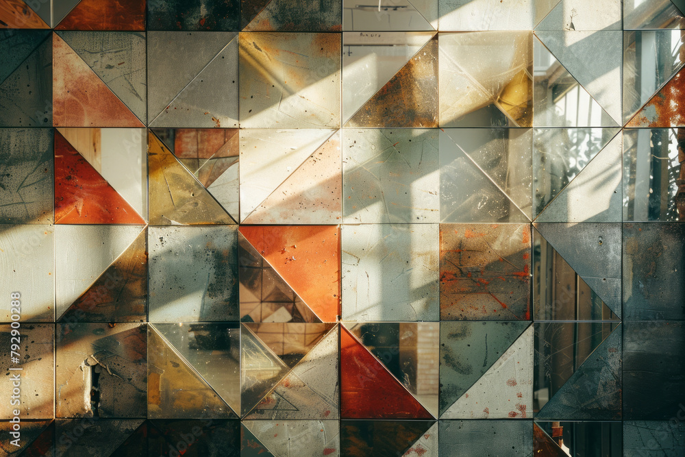 Poster a photograph of a diy home decor project, where mirrors of various shapes and sizes are arranged in