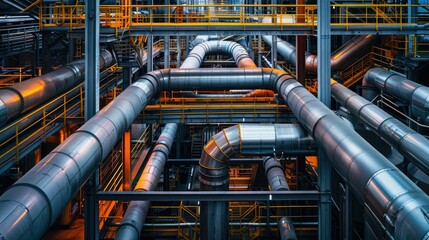 Within the intricate maze of industrial machinery, steel pipes stand out as the navigators of air circulation - obrazy, fototapety, plakaty